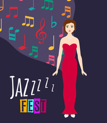 Young beautiful girl sings jazz song vector illustration. Jazz singer and festival poster with dark blue background and sounds of music, icons of colorful musical notes.