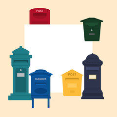 Mail box vector illustration with space for text banner. Post mailbox or postal letterbox of American or European mailing and set of postboxes for delivery mailed letters.