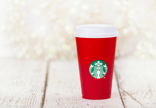 Starbucks popular holiday beverage, served in the red holiday cup on November 24, 2015 in Dallas, Texas.