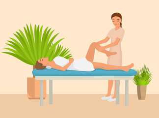 Young girl having hot stone massage vector illustration. Professional masseuse massaging patient body. Woman relaxing lying on table luxury spa salon.