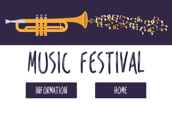 Jazz music festival or concert vector web template. Trumphet with music notes on dark blue background. Musical festival website or landing.