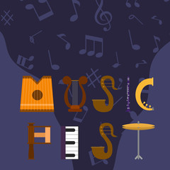 Acoustic music festival vector illustration. Live rock, jazz or pop music concert. Musical party web banner, poster, invitation flyer with musical notes and letters from musical instruments.