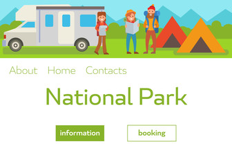Camping park landscape vector illustration with travelers with backpacks, tents and van. Webpage template for summer camp, nature tourism, camping, hiking, trekking, etc.