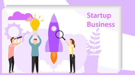 Startup business. Mini people run a startup. Flat vector illustration of a business startup