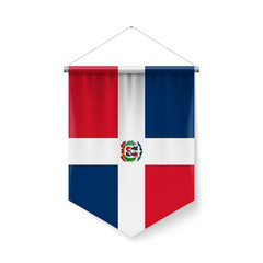 Vertical Pennant Flag of Dominican Republic as Icon on White with Shadow Effects. Patriotic Sign in Official Color and Flower Flag with Metallic Poles Hanging on the Rope design