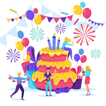 Happy young people celebrating a birthday. Vector flat cartoon illustration. Men and women have a fun party with big pink cake, gifts and champagne.
