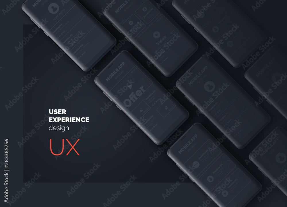 Poster user experience. user interface. mobile phone on a black background with interface pages. ui ux temp