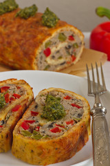 cheese roulade with minced meat, colored paprika and mushrooms. Ketogenic diet.