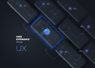 User experience. User interface. UI UX template for mobile application. Web pages for a mobile application with links to each other. Vector illustration. 3d