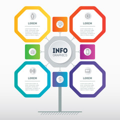 Business presentation concept with 8 or 4 options. Template of development tree, chart or diagram. Info graphic of technology or education process with 8 steps. Infographics consisting of octagons.