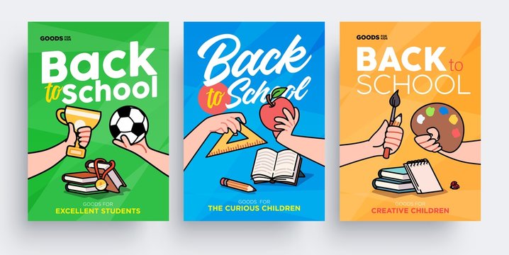 Set of Back to School greeting cards, posters or flyers. Сhildren's hands holding school supplies. Template for stationery store