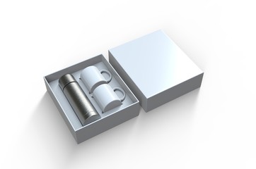 Blank stainless steel flask with two coffee mug in a box for branding. 3d render illustration.