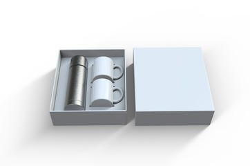 Blank stainless steel flask with two coffee mug in a box for branding. 3d render illustration.