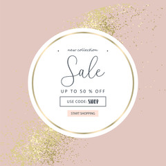 Elegant luxury nude rose pink blush and gold glitter brush stroke  background. Chic trendy print with botanical motifs