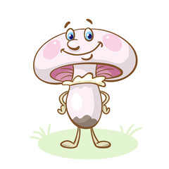 Little cute champignon stands on the meadow. In cartoon style. Isolated on white background.