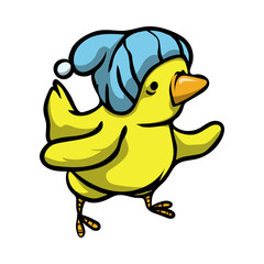 Cute funny yellow bird with different emotions and a hat on his head.