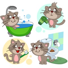 Set of children's illustrations or icon for children and design. The cat washes in the shower in the bathroom, stands with a hairdryer and dries hair, cleans teeth, shit in the toilet.