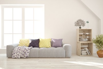 Stylish room in white color with sofa. Scandinavian interior design. 3D illustration