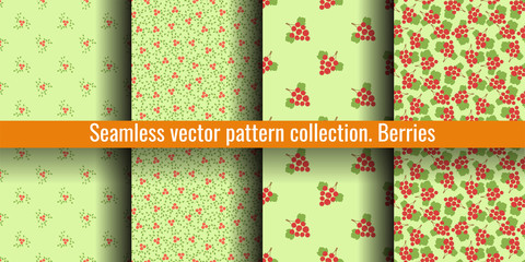 Seamless pattern set. Vector berries.  Mountain ash, viburnum, rowan and red currant. Natural fashion print collection. Design elements for textile or clothes. Food background patterns. Vegan menu