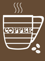 Coffee illustration. White dashed stylized coffee mug symbol with inscription: coffee, smoke and three coffee beans on brown background.