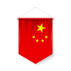 Vertical Pennant Flag of China as Icon on White with Shadow Effects. Patriotic Sign in Official Color and Flower Chinese Flag with Metallic Poles Hanging on the Rope