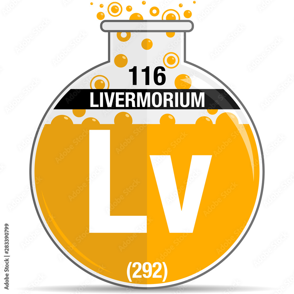 Sticker Livermorium symbol on chemical round flask. Element number 116 of the Periodic Table of the Elements - Chemistry. Vector image - Stickers