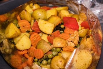 delicious vegetarian vegetable dish in the oven baked bag. top view