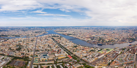 Aerial panoramic view of Neva river and historical center in Saint Petersburg, Russia