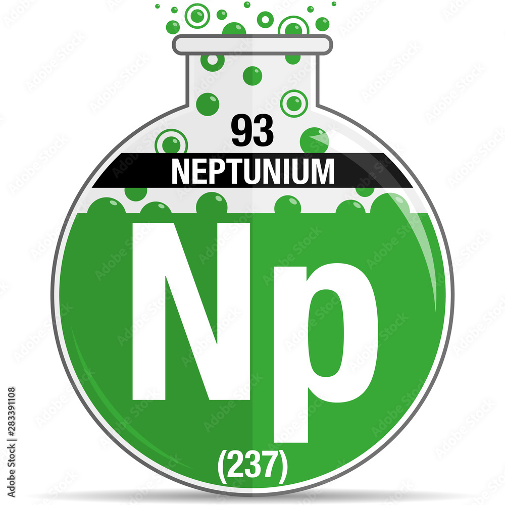 Sticker Neptunium symbol on chemical round flask. Element number 93 of the Periodic Table of the Elements - Chemistry. Vector image - Stickers