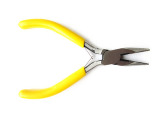 Small thin-nose pliers with bright yellow handles for a hobby isolated object on a white background.