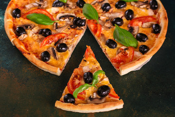 pizza, mushrooms, olives, chicken, tomato sauce, cheese, (ingredients). hot pizza. Top view. copy space