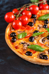 pizza, mushrooms, olives, chicken, tomato sauce, cheese, (ingredients). hot pizza. Top view. copy space