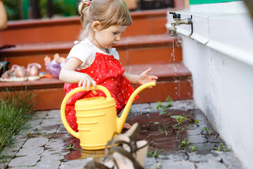 A little girl dressed in a sundress is drawing water in a watering can in the garden next to the house on the summer day