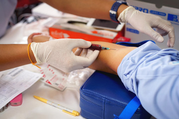 Nurse use  link bring blood from patient  to check, Tests blood Healthcare checkup concept