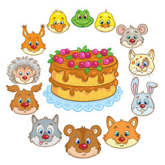 Naklejka premium Faces of cute funny animals around a big birthday cake. Birthday card. In cartoon style. Isolated on white background.