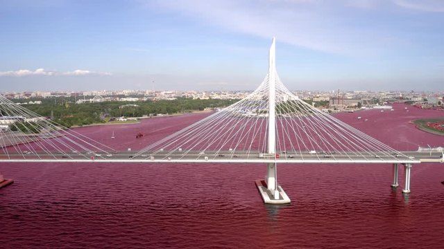 TimeLapse of the cable-stayed bridge across the Petrovsky fairway of the western high-speed diameter. St. Petersburg. Russia. Concept of blood river