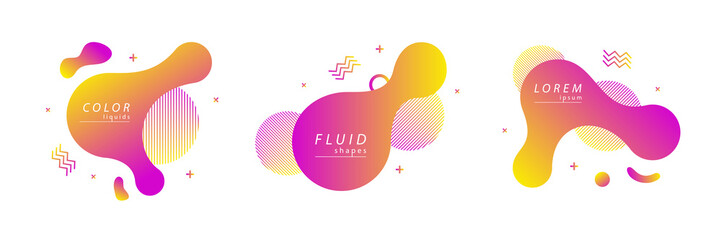 Vector set of fluid isolated abstract geometric violet gradient shapes for modern website and liquid graphic design on the white background. Concept of dynamic composition and liquid color elements.