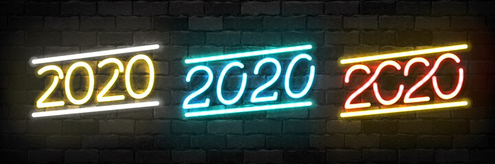 Obraz premium Vector set of realistic isolated neon sign of 2020 year logo for template decoration and covering on the wall background. Concept of Happy New Year and Merry Christmas.