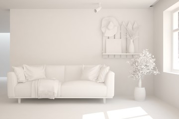 Mock up of stylish room in white color with sofa. Scandinavian interior design. 3D illustration