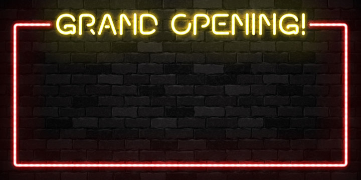 Vector Realistic Isolated Neon Sign Of Grand Opening Frame Logo For Template Decoration On The Wall Background.