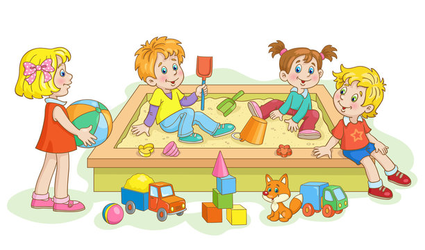 Children play in the sandbox. Lots of toys around. In cartoon style.On white background.