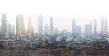 Multiple exposure image of modern city with skyscrapers. Global business, success and future perspectives concept