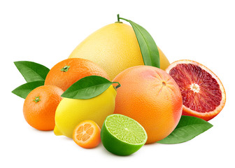 citrus mix, pomelo, lemon, orange, lime, grapefruit, kumquat, mandarin, isolated on white...