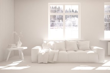 Mock up of stylish room in white color with sofa and winter landscape in window. Scandinavian interior design. 3D illustration