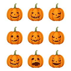 Foto op Plexiglas Vector set of nine jack-o'-lanterns (Halloween pumpkins) isolated on a white background. © naddya