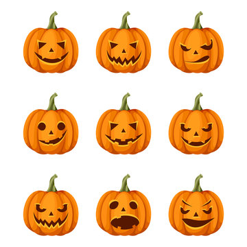 Vector set of nine jack-o'-lanterns (Halloween pumpkins) isolated on a white background.