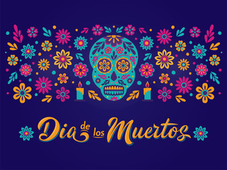 Dia de Los Muertos card with decorated skull, flowers and lettering sign. Mexican Day of the Dead inscription on dark background Vector illustration for greeting cards, poster, flyer, party invitation