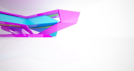 Fototapeta premium Abstract architectural white interior and color gradient of a minimalist house with large windows.. 3D illustration and rendering.