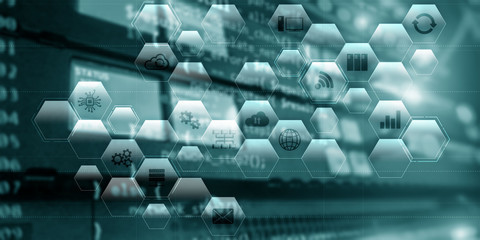 Information communication technology concept. Abstract background with icons and blurred server room.