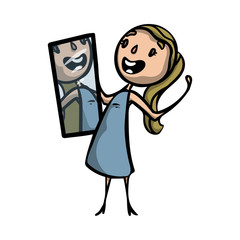 The young beautiful girl looks in a mirror and flaunts in front of herself.